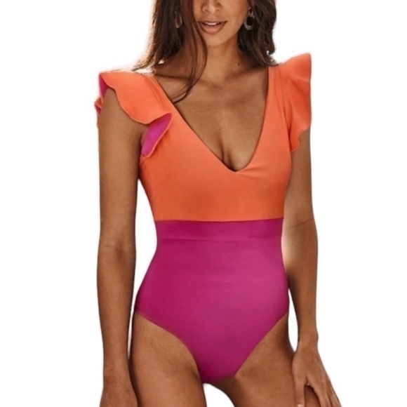 NEW‎ Summersalt The Ruffle Backflip Pink & Orange Swimsuit Size 6 - Picture 1 of 7